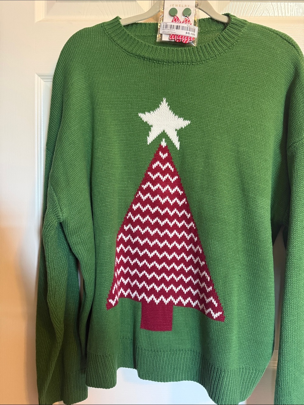 Amazon Green Holiday Crewneck Sweater with Red & White Tree Motif